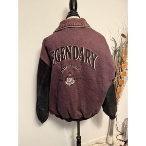 Vintage I.O.U. Legendary Jacket Mens  XL Purple Denim Suede Sleeves Bomber‎ 90s